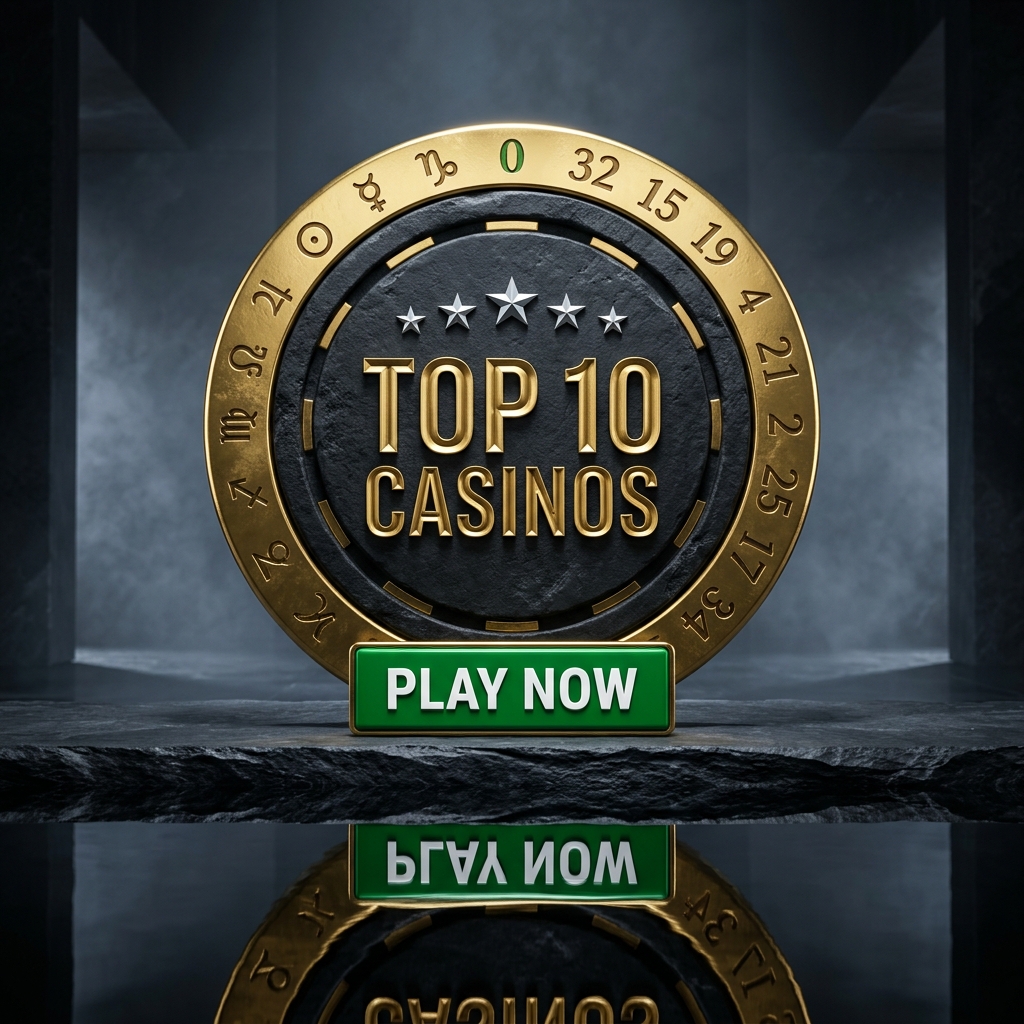 Gold-rimmed casino chip standing on a dark stone surface